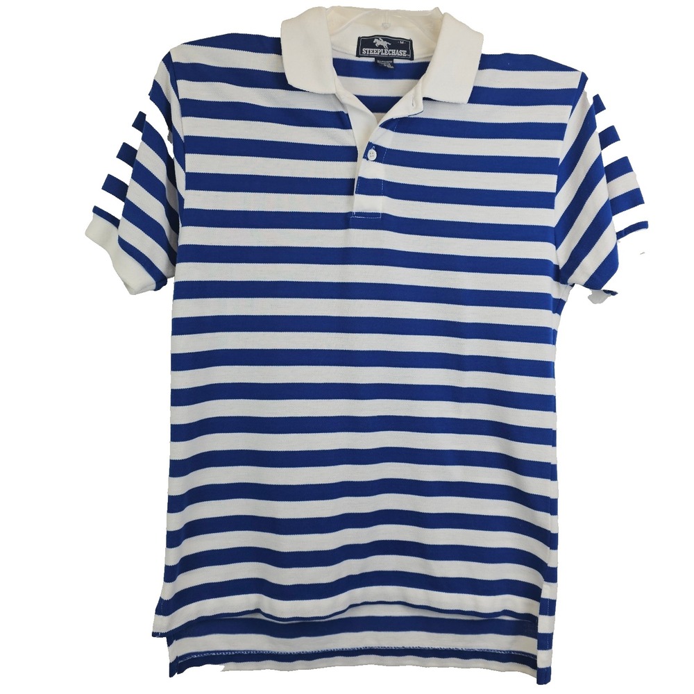Steeplechase Men's M Blue White‎ Striped Polo Shirt Short Sleeve Classic Preppy